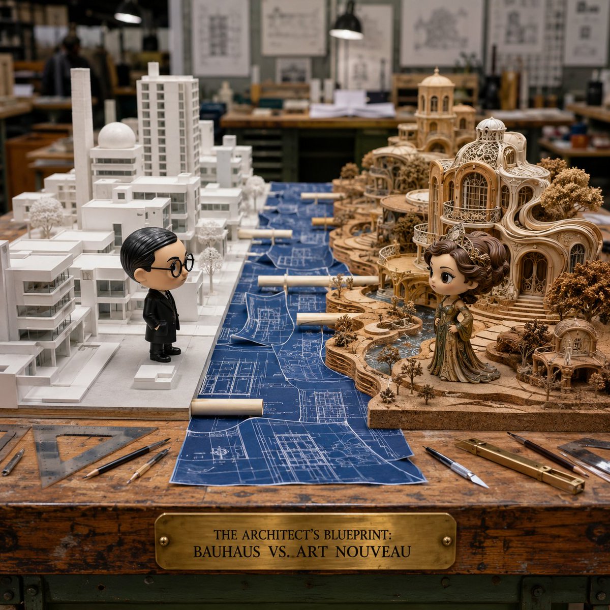 Bauhaus white grid battles Art Nouveau wood cliffs in miniature