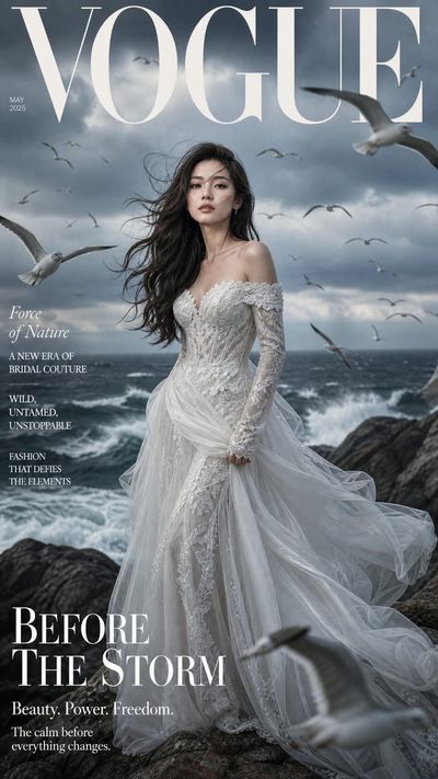 Asian bride in white lace stands on coastal rocks amid storm