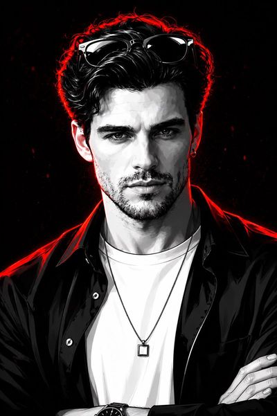 A man in monochrome vector with red neon rim lighting