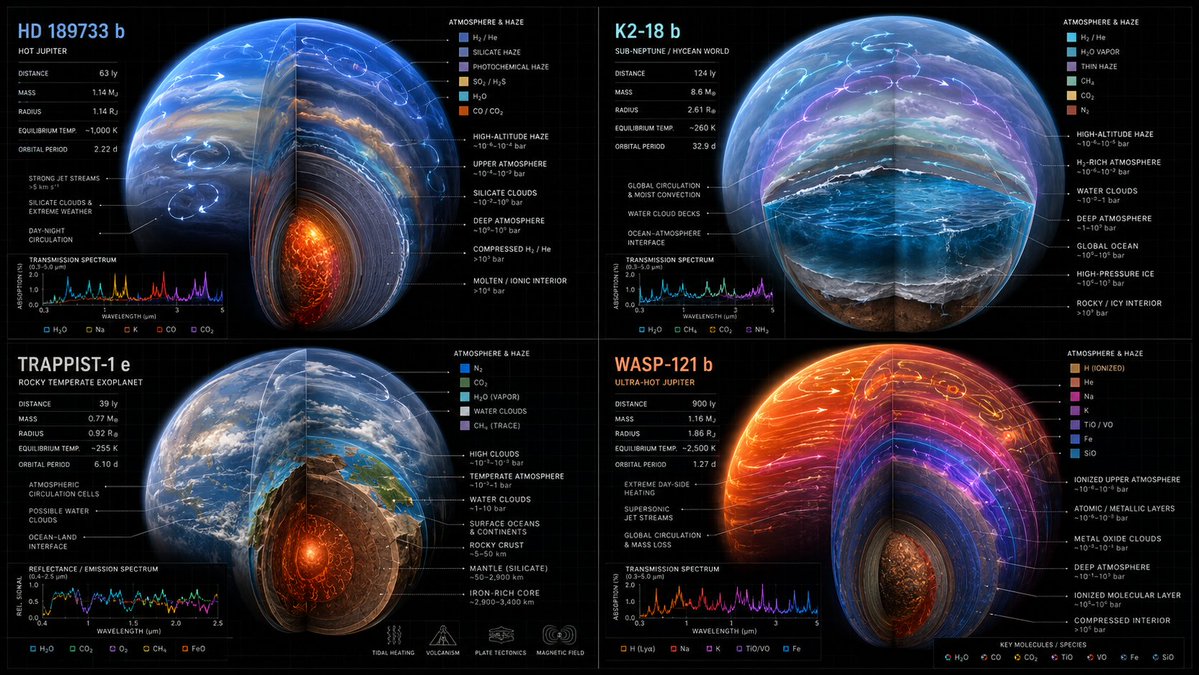 Four exoplanet atmospheres reveal chemical layers in a cutaway diagram