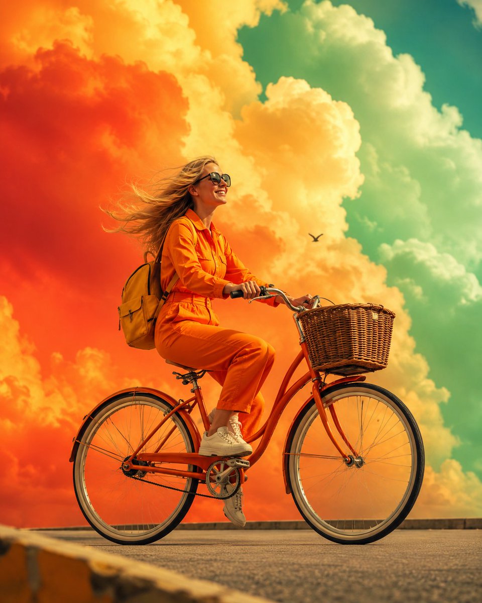 A woman cycles beneath massive painterly clouds at sunset.