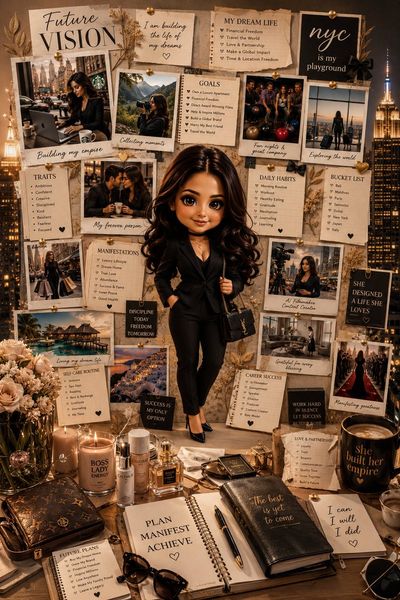 Chibi girl in black suit stands before NYC vision board collage