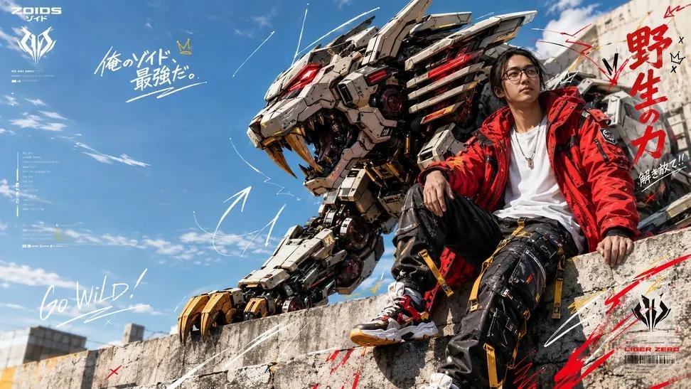 A confident model in red parka sits with Beast Liger in sunlit urban scene