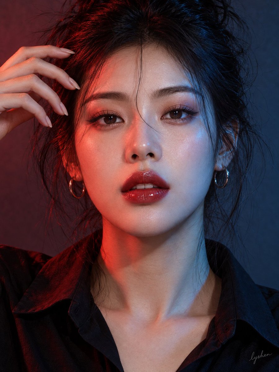 Bold East Asian Woman Poses in Red and Blue Beauty Portrait