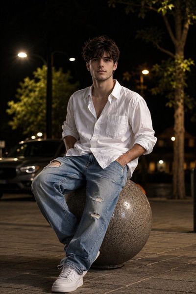 A young man sits on a stone sphere under streetlights at night.