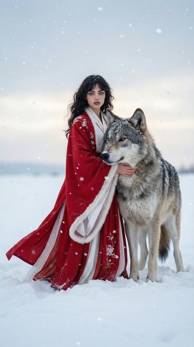 A Majestic Bond Between Woman and Wolf in a Snowy Twilight