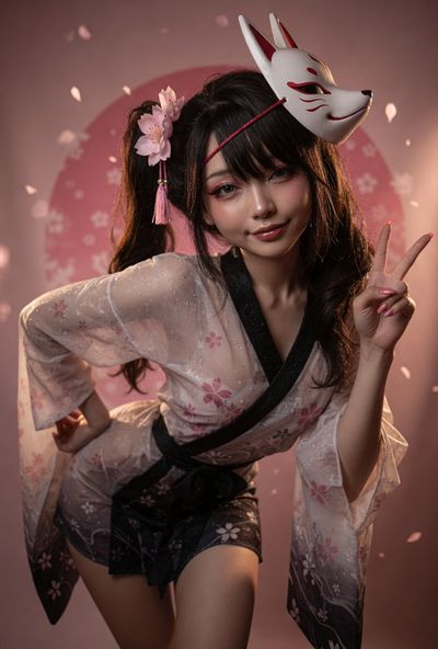 Enchanting Kitsune Under Sakura Rain