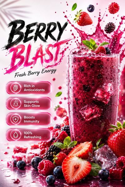 Luxury berry smoothie glass splashes on a clean studio backdrop
