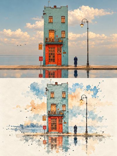 Split Composition Blends Realistic Photo With Minimalist Ink Wash Art