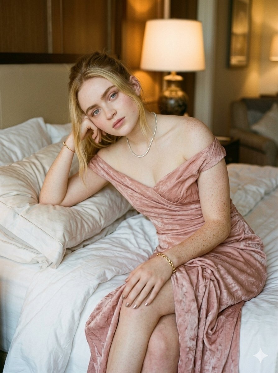 Woman in velvet gown sits on rumpled bed in warm light