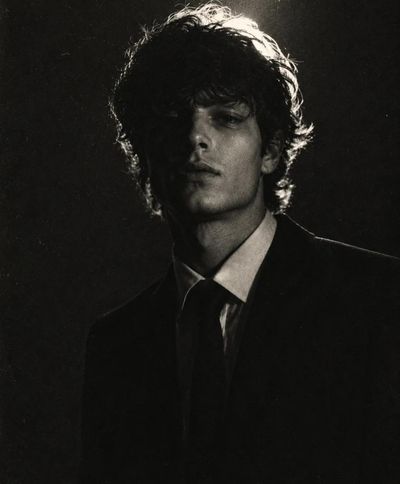 A young man in a black suit stands solemnly in dark studio light.