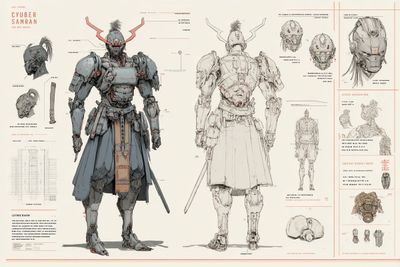 A fantasy warrior character sheet shows front back and side views