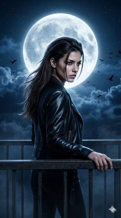 Young woman leans on balcony railing under glowing full moon