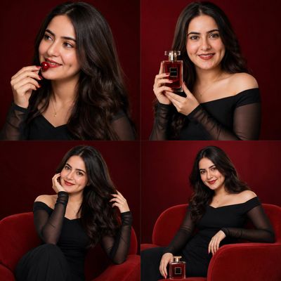 Luxury beauty campaign features a woman with red cherry in studio