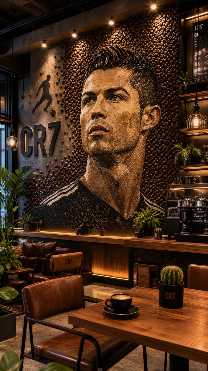 Cristiano Ronaldo mural emerges from coffee bean halo in luxury café