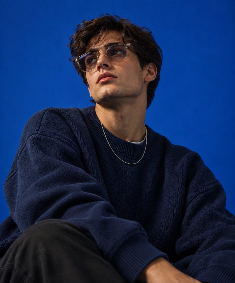Young man in oversized knit leans toward cobalt backdrop