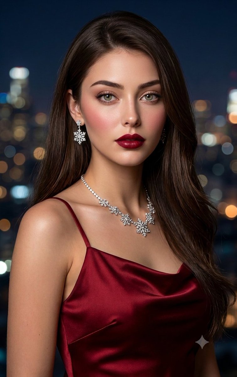 Elegant woman in red dress poses before blurred city lights