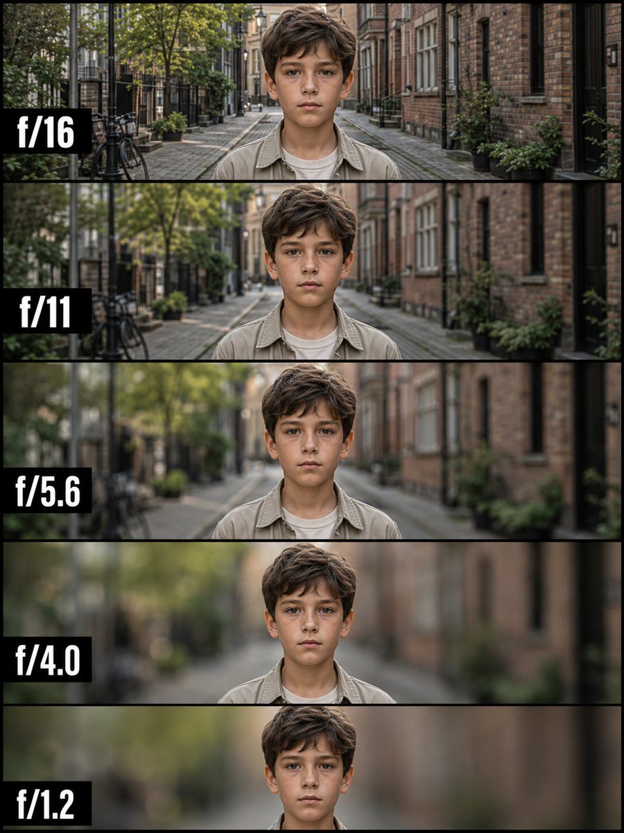 Young boy's portrait varies across five aperture settings from f/16 to f/1.2
