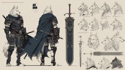 Intricate Character Design Sheet with Multiple Poses and Expressions