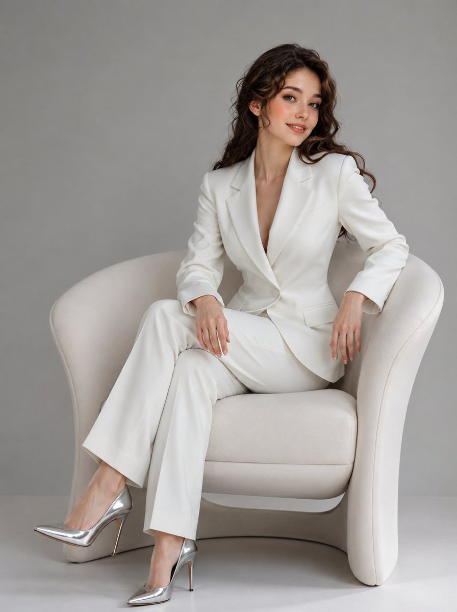 Korean beauty editorial woman poses gracefully on white chair