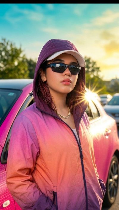 Woman leans from pink car under bright sun glare