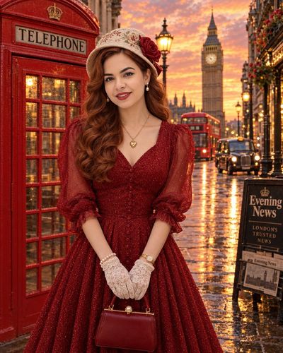 Elegant red-dressed woman stands by London phone booth at sunset