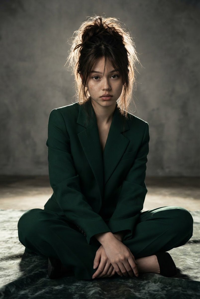 Solemn woman in green pantsuit poses against textured grey wall