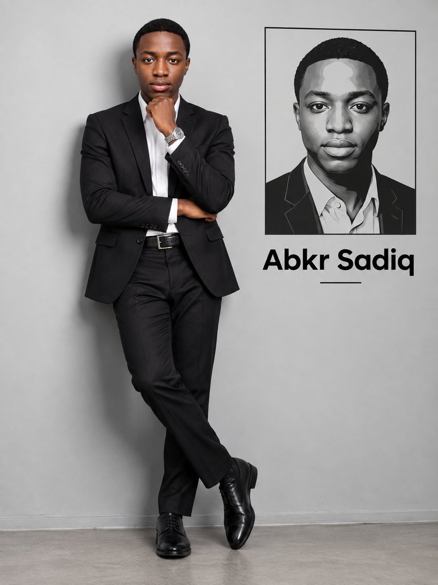 Man in Black Suit Poses Against Gray Studio Wall