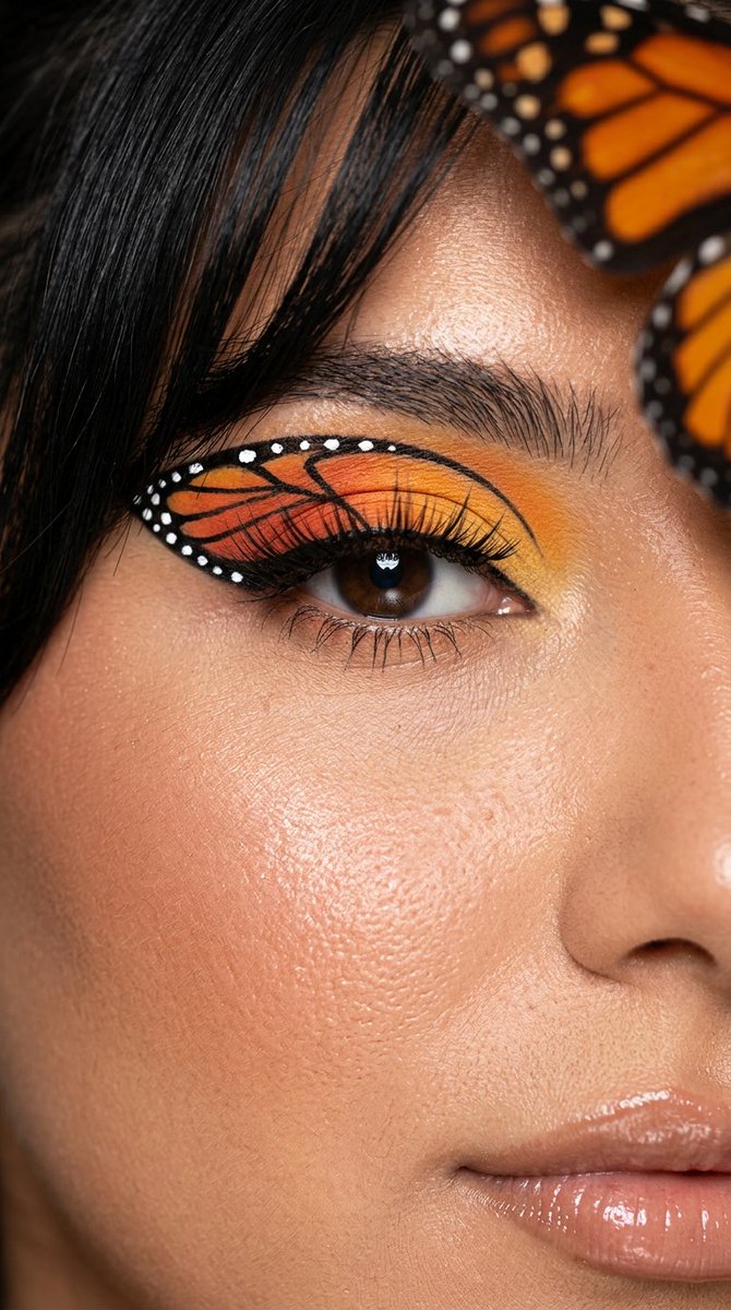 Monarch-inspired eye makeup glows with orange and black wing veins