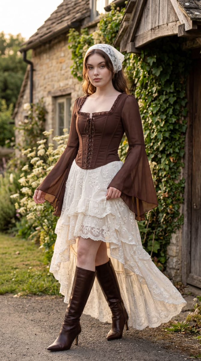Young woman in chocolate corset and ivory lace skirt poses by cottage