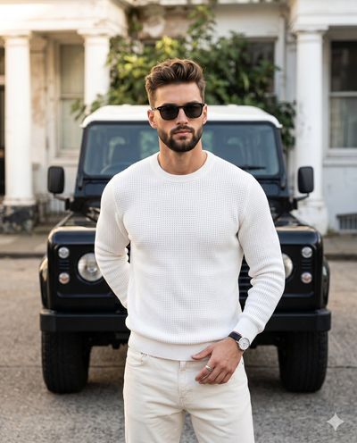 Confident model in waffle knit poses by glossy black Defender