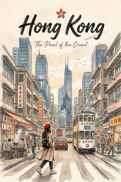 A traveler in a wide hat explores Hong Kong's bustling streets