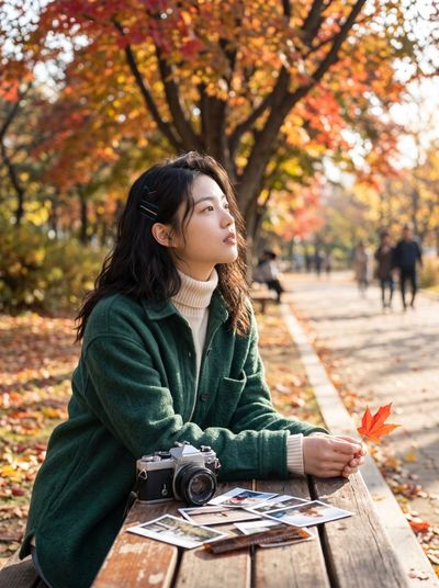 Young woman admires autumn foliage while avoiding eye contact with strangers