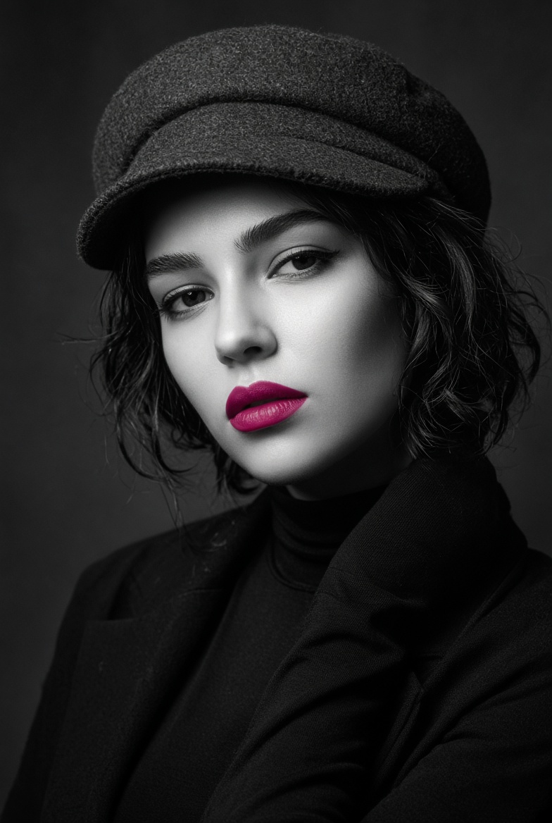 Monochrome Portrait With Vivid Magenta Lips And Newsboy Cap