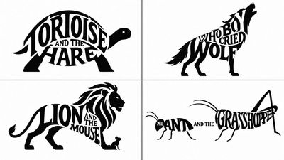 Four wordmarks transform into classic tales through letterform silhouettes