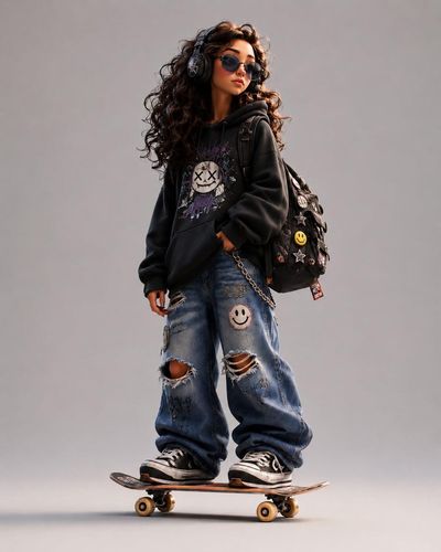 A pink-hoodied skater slouches with tired confidence on a skateboard.