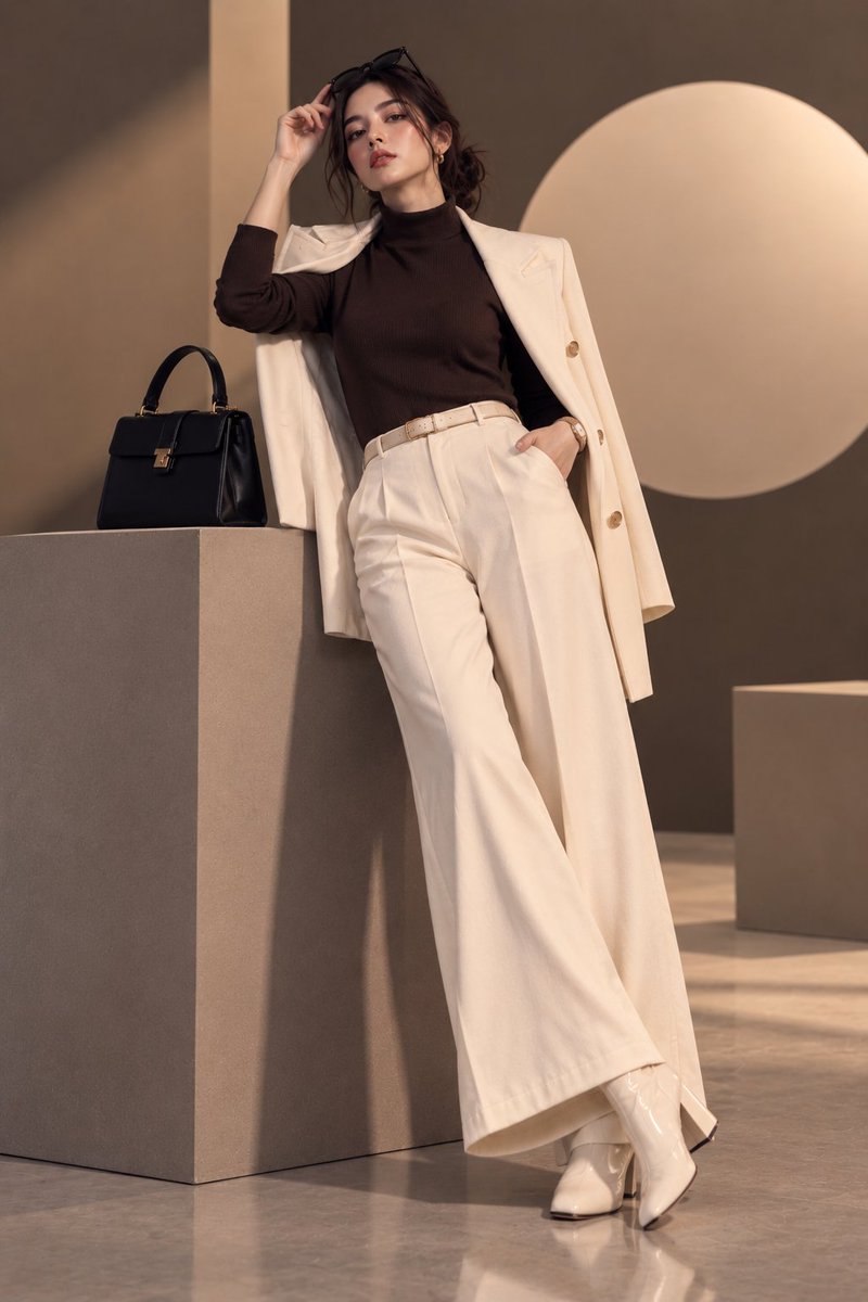 Stylish woman leans on stone pedestal in warm luxury studio