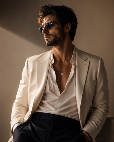 A confident man in cream blazer exudes timeless Mediterranean luxury