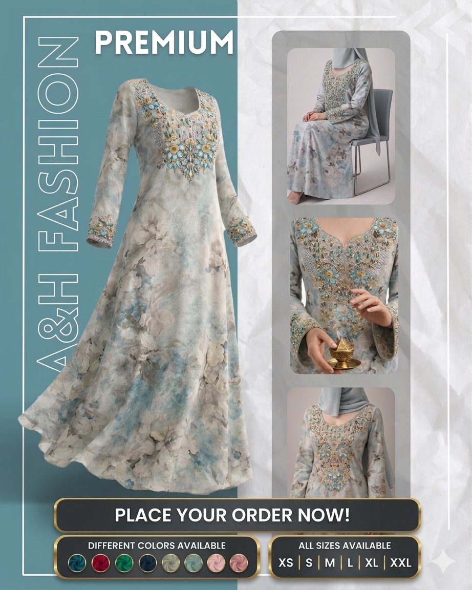 Elegant Maxi Dress Fashion Poster with Rich Embroidery and Textured Panels