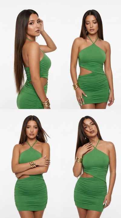 Woman in green dress poses confidently in bright studio light
