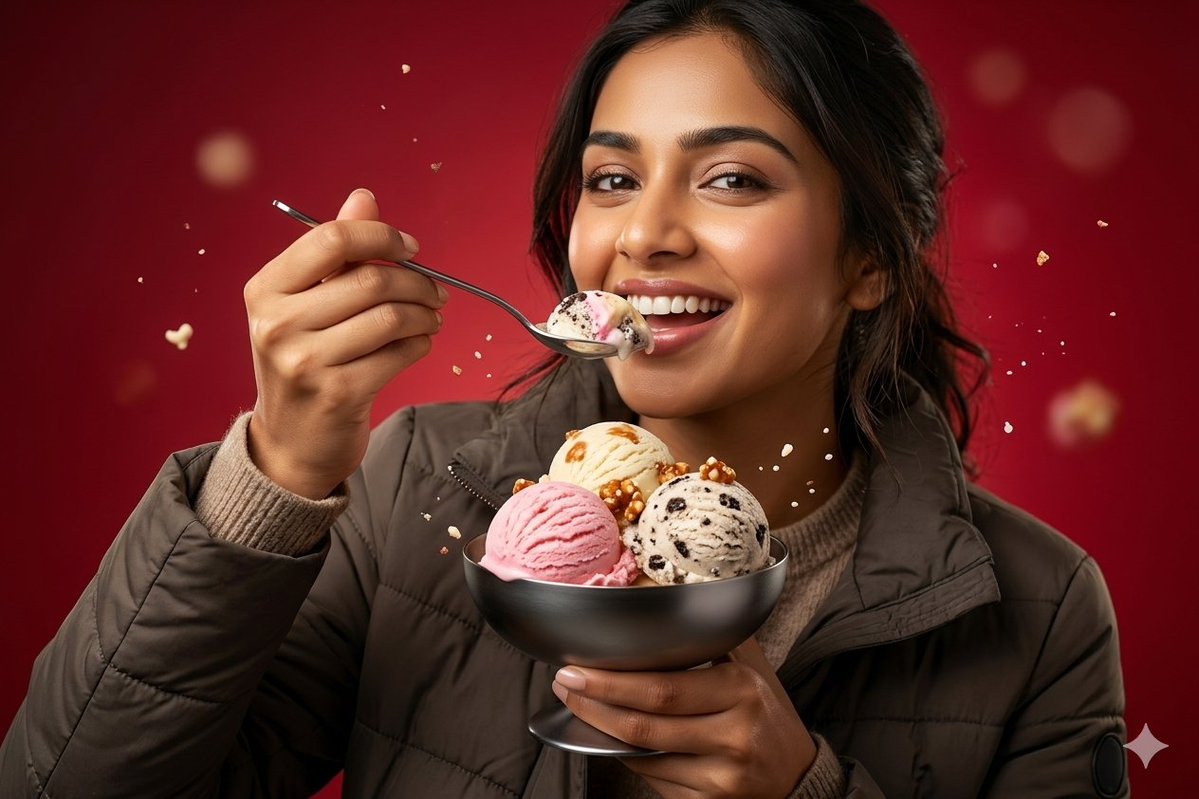 South Asian woman in brown puffer jacket enjoys three scoops of ice cream