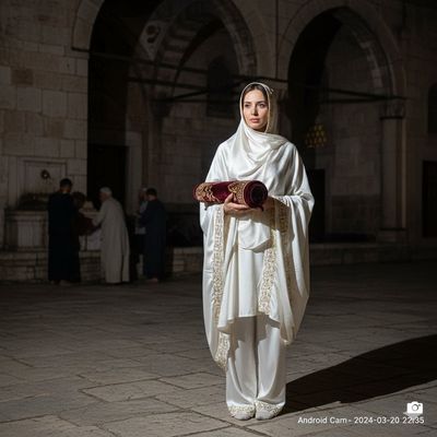 Nighttime Elegance: Silk Prayer Attire in the Courtyard