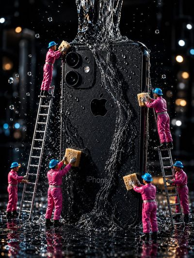 Miniature workers in pink suits clean a glossy black iPhone