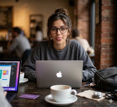 Young woman in a sweatshirt sticks out tongue at her laptop