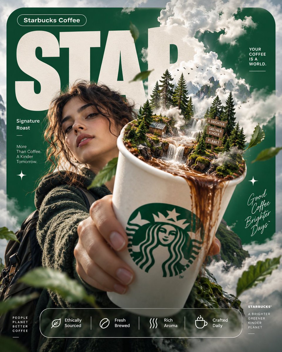 Surreal Starbucks Poster Featuring a Miniature Forest Inside a Coffee Cup