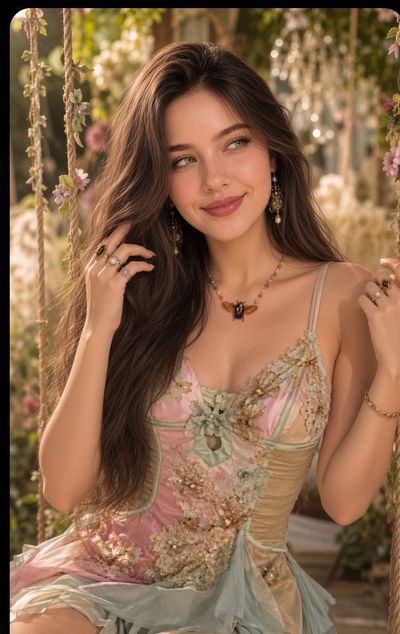Woman on flower-adorned swing smiles in enchanted garden