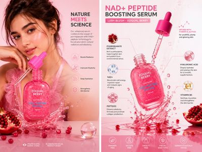 Luxury pink serum bottle floats beside a smiling model in satin dress