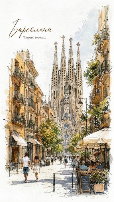 A charming European street scene with outdoor cafés and strolling pedestrians