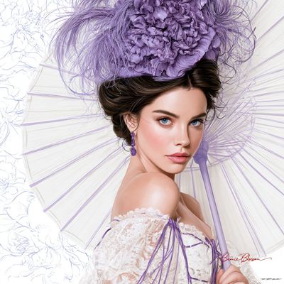 Elegant Woman with Violet Floral Crown and Parasol Poses Gracefully