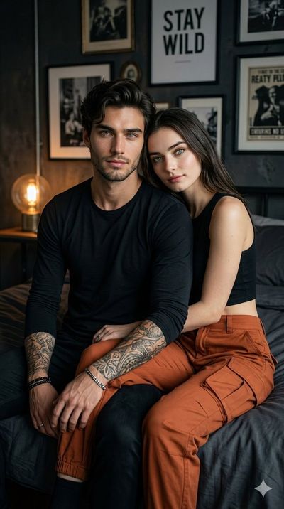 Young couple shares an intimate moment in moody bedroom